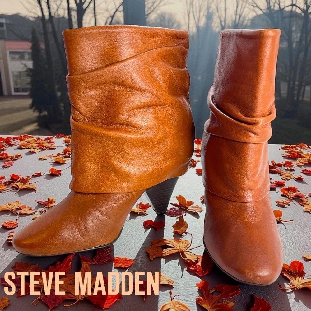 STEVE MADDEN Women's Fold Over Camel Leather Pull-On Heeled Boots 7.5 M